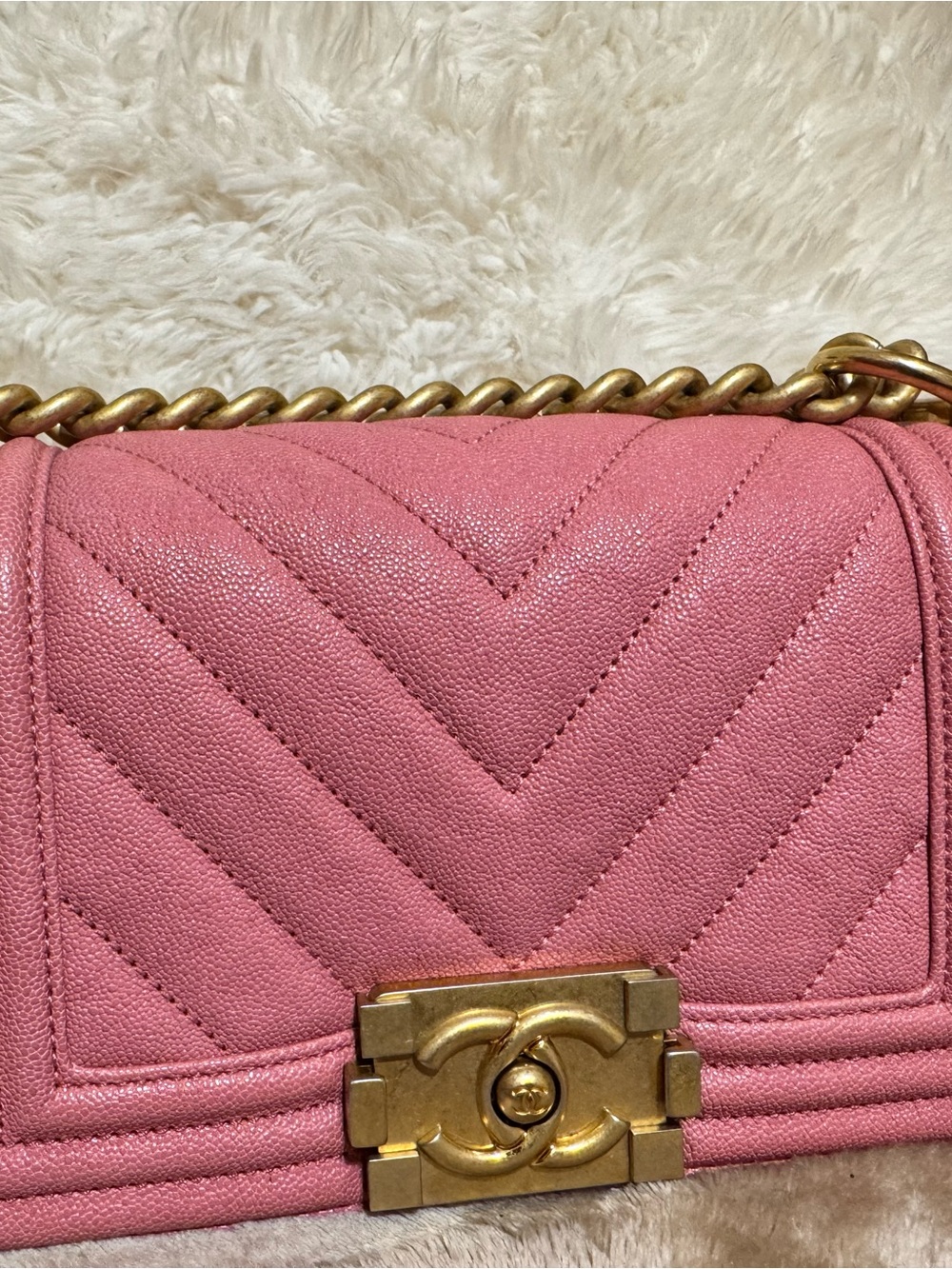 CHANEL Pink Chevron caviar Quilted Boy Crossbody with brushed Gold Hardware
